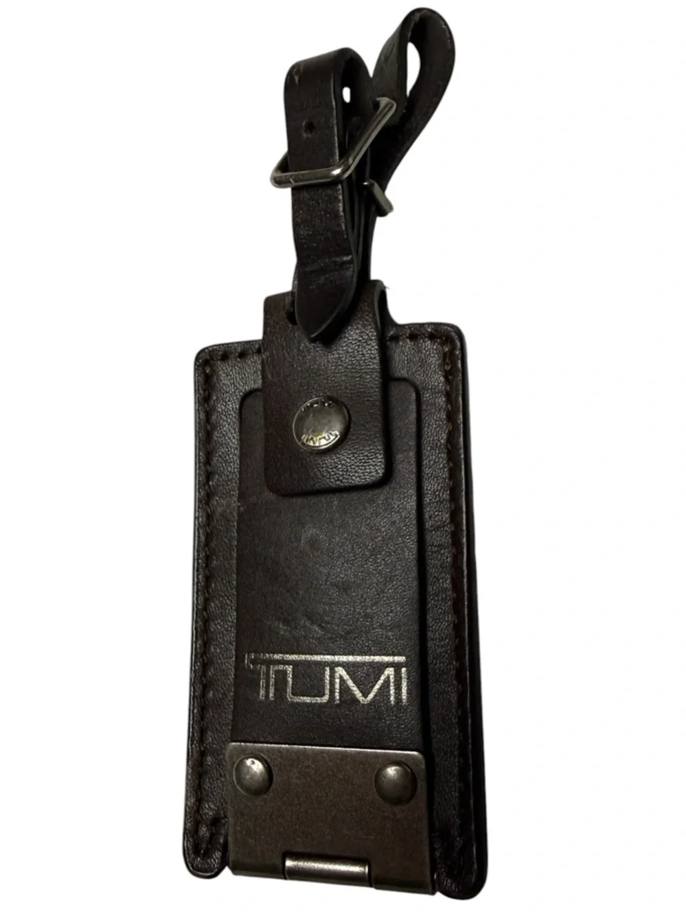 Tumi Black Leather Luggage Tag with Silver Hardware